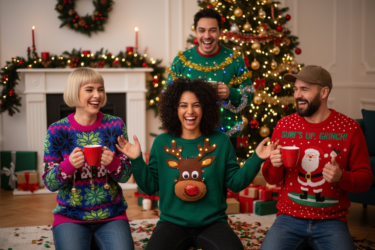 4 people at Christmas party wearing ugly Christmas sweaters