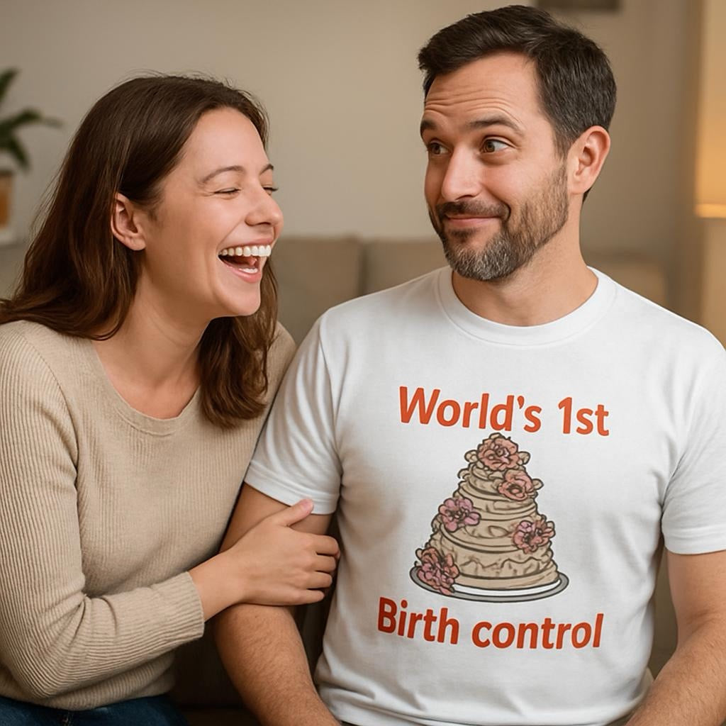 Birth control wedding cake shirt couple laughing 