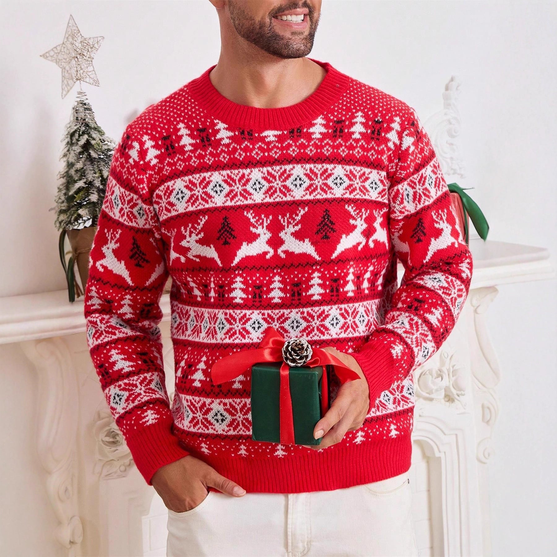 Christmas Sweater Men's Round Neck Loose Jacquard Knitwear - Wiseasstees, LLC