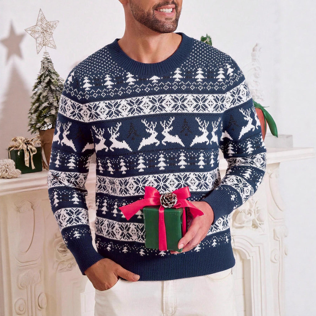 Christmas Sweater Men's Round Neck Loose Jacquard Knitwear - Wiseasstees, LLC