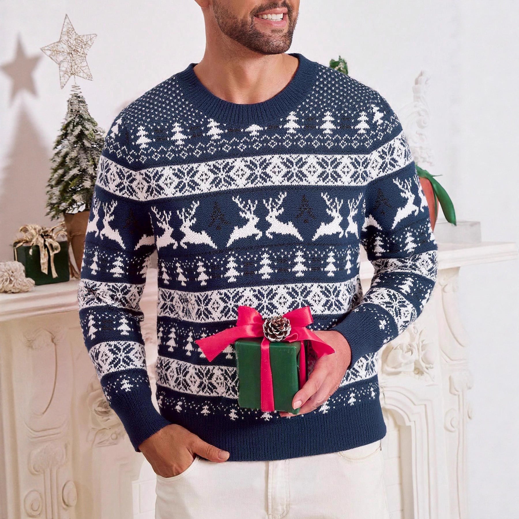 Christmas Sweater Men's Round Neck Loose Jacquard Knitwear - Wiseasstees, LLC