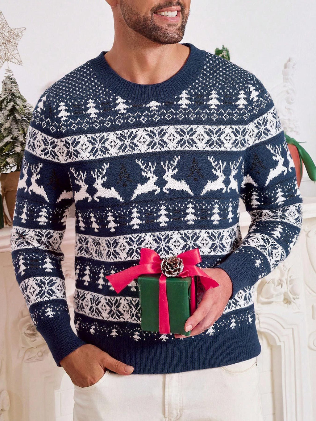 Christmas Sweater Men's Round Neck Loose Jacquard Knitwear - Wiseasstees, LLC