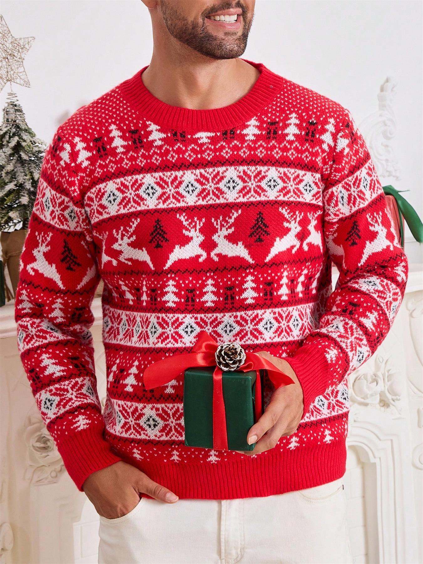 Christmas Sweater Men's Round Neck Loose Jacquard Knitwear - Wiseasstees, LLC
