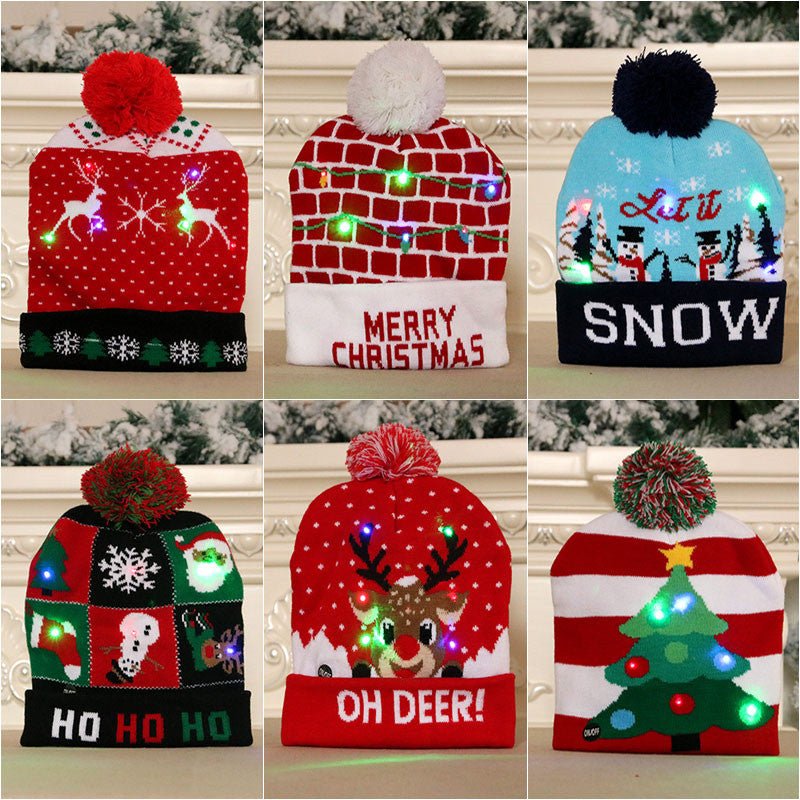LED Christmas Hat Sweater Knitted Beanie Christmas Light Up Knitted Hat Christmas Gift Kids Xmas New Year Decorations - Wiseasstees, LLC