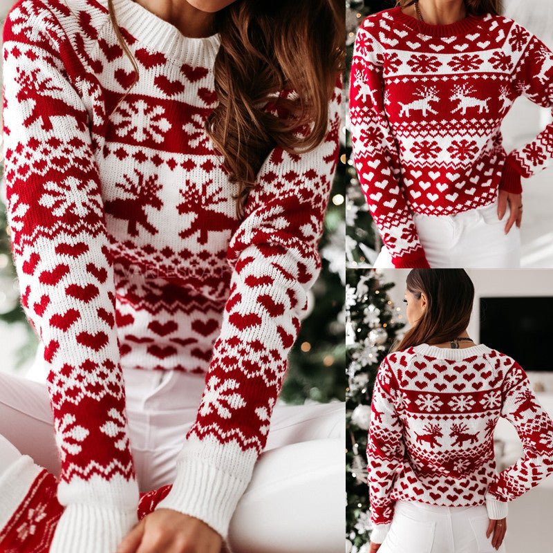 Women Ugly Christmas Sweaters Winter Long Sleeve Knitted Sweater Elk Snowflake Print Knitted Jumpers Knitwear Casual Soft Jacquard Pullover Xmas Look - Wiseasstees, LLC