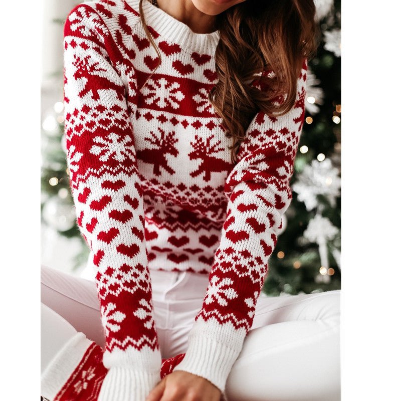 Women Ugly Christmas Sweaters Winter Long Sleeve Knitted Sweater Elk Snowflake Print Knitted Jumpers Knitwear Casual Soft Jacquard Pullover Xmas Look - Wiseasstees, LLC